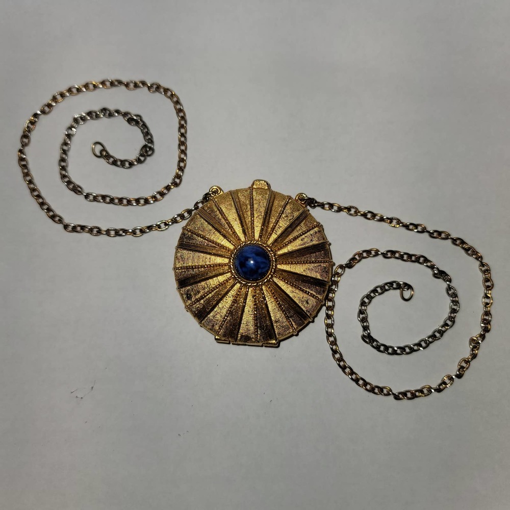 Vintage Estee Lauder, gold compact pendant w/ bluestone & Youth Dew fragrance,